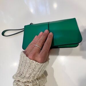 Gorgeous Green Vegan Leather Clutch Wristlet hand strap plenty compartments